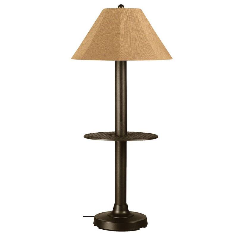 63.5 in. Bronze Outdoor Floor Lamp with Tray Table and Straw Linen Shade-Paradise Island Wear