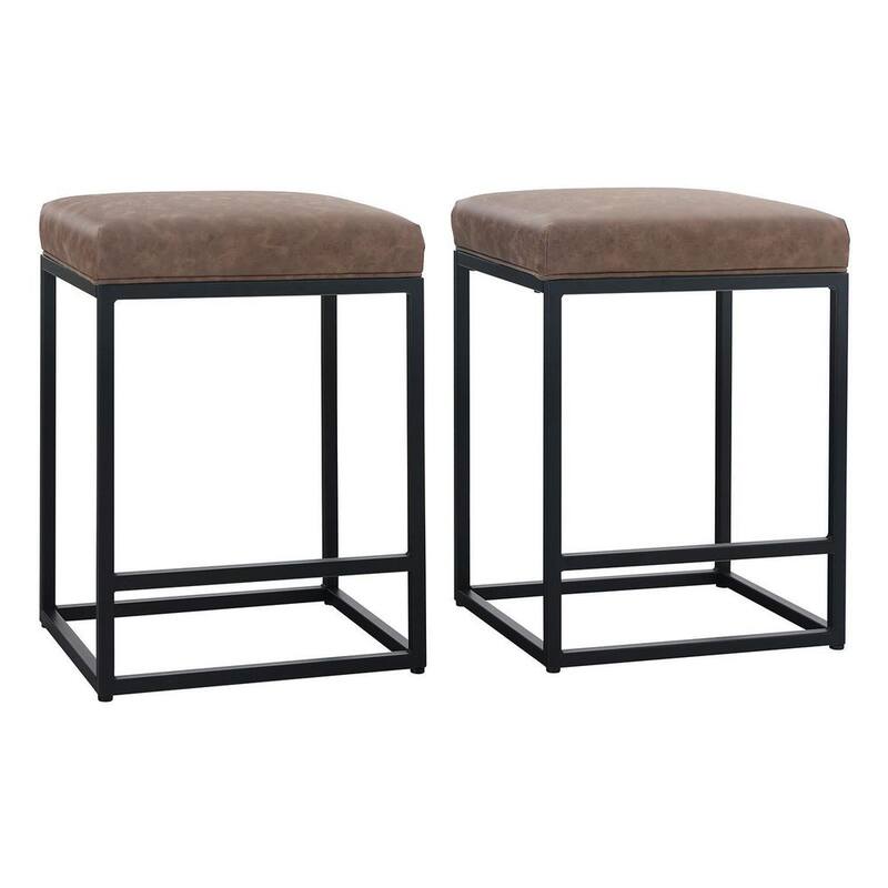 24 in. Brown Leather Cushion and Black Metal Frame Metal Bar Stool (2-pieces)-Paradise Island Wear