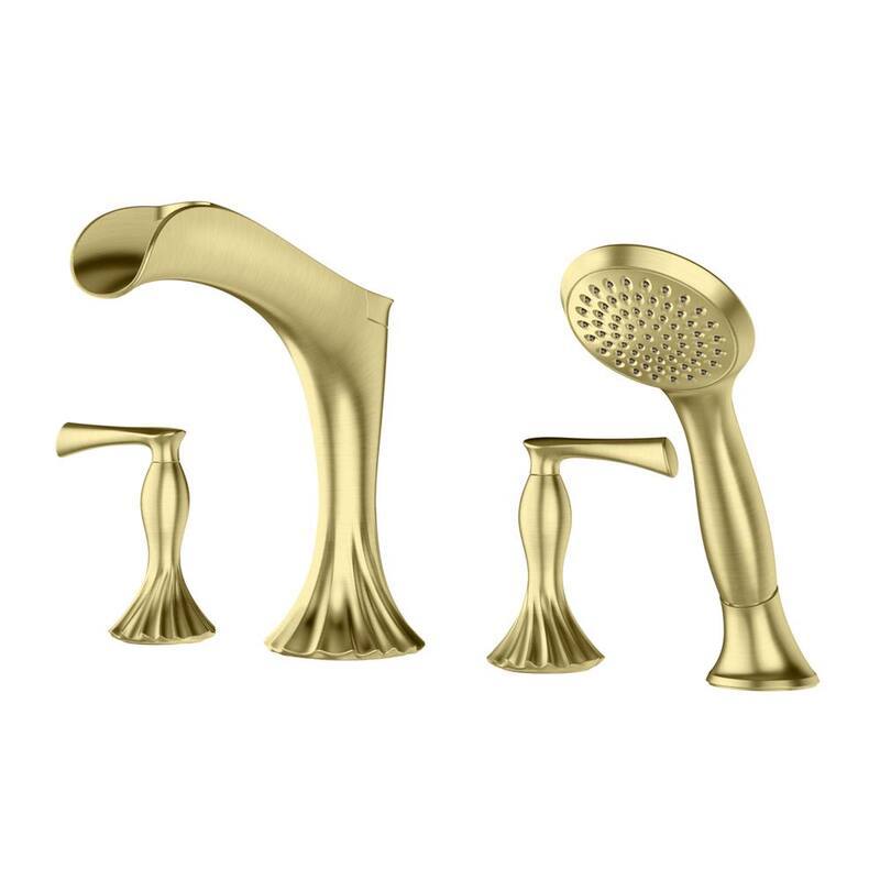 2-Handle Deck Mount Roman Tub Trim Kit with Handheld Shower in Brushed Gold (Valve Not Included)-Paradise Island Wear
