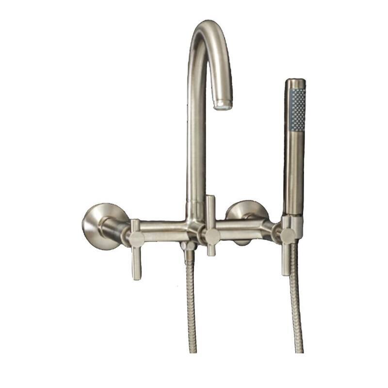 Modern 3-Handle Wall Mount Tub Faucet with Handshower and Hose, Metal Levers, in Brushed Nickel-Paradise Island Wear