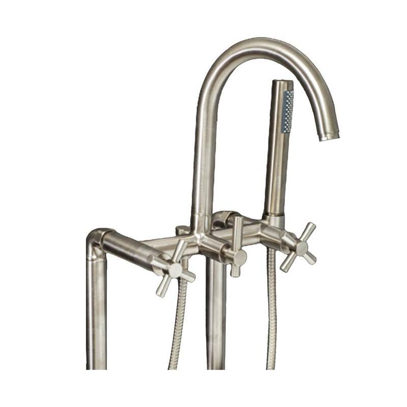 Modern 3-Handle Floor Mount Freestanding Tub Faucet with Handshower and Hose, Cross Handles, in Brushed Nickel-Paradise Island Wear