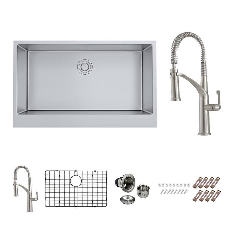 Stainless 16- Gauge 36 in. Single Bowl Farmhouse Apron Kitchen Sink with Deluxe Faucet, Bottom Grid, Drain-Paradise Island Wear