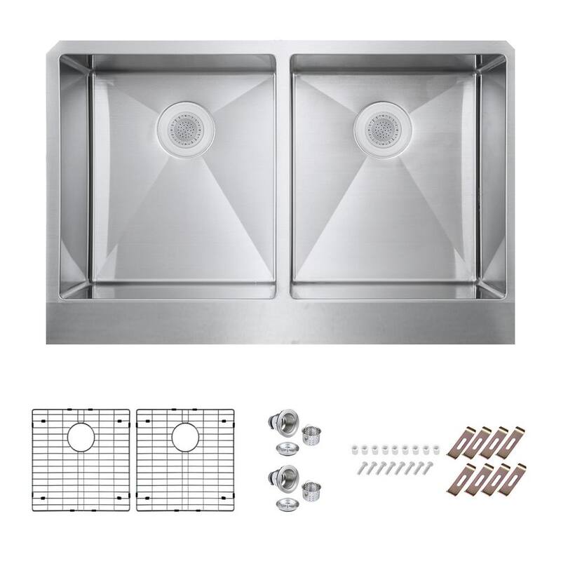 16-Gauge Stainless 36 in. Double Bowl Farmhouse Apron Kitchen Sink with Bottom Grid and Drain-Paradise Island Wear