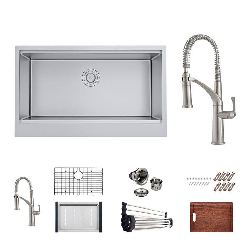 Stainless 16-Gauge 33 in. Single Bowl Farmhouse Apron Kitchen Sink Workstation with Deluxe Faucet, Grid/Drain-Paradise Island Wear