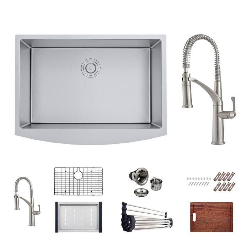 Stainless 16-Gauge 33 in. Single Bowl Farmhouse Apron Kitchen Sink Workstation with Deluxe Faucet, Grid/Drain-Paradise Island Wear