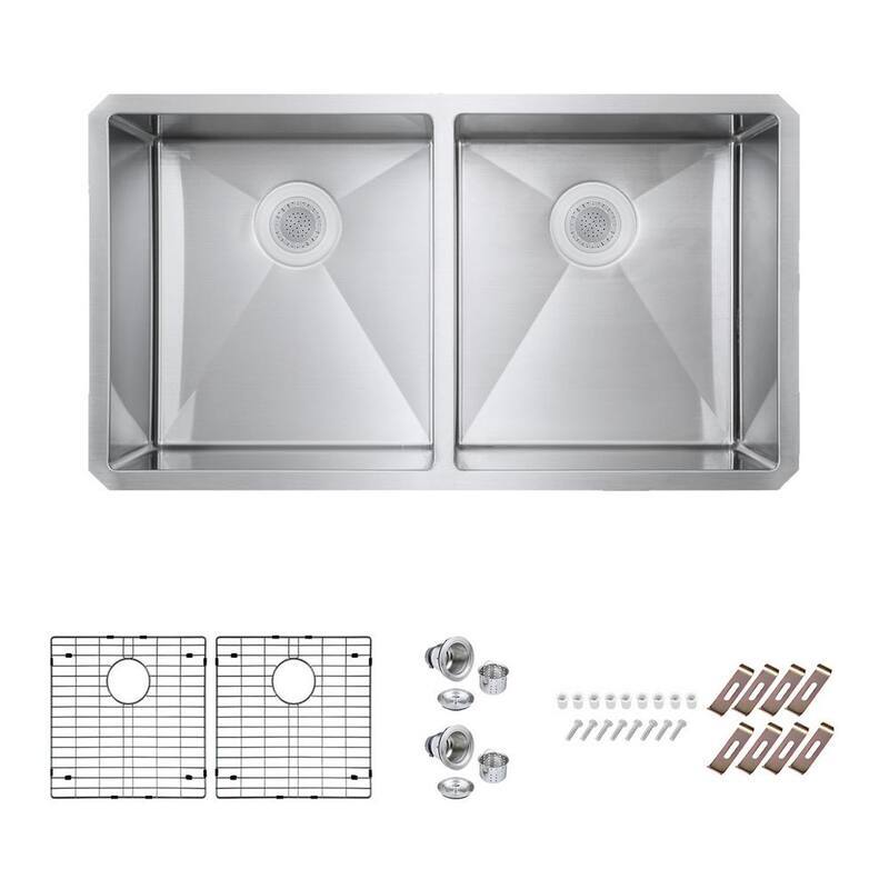 Bryn Stainless Steel 16- Gauge 33 in. Double Bowl Undermount Kitchen Sink with Bottom Grid, Drain-Paradise Island Wear