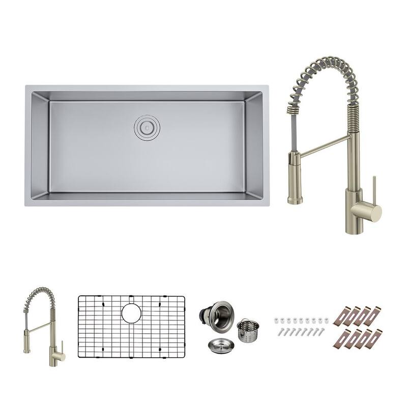 Stainless 16-Gauge 36 in. Single Bowl Undermount Kitchen Sink with Modern Faucet, Bottom Grid, Drain-Paradise Island Wear