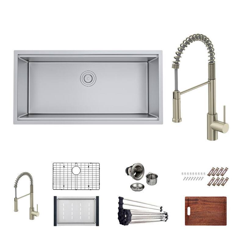 Bryn 16-Gauge Stainless Steel 36 in. Single Bowl Undermount Kitchen Sink Workstation with Classic Faucet, Grid, Drain-Paradise Island Wear