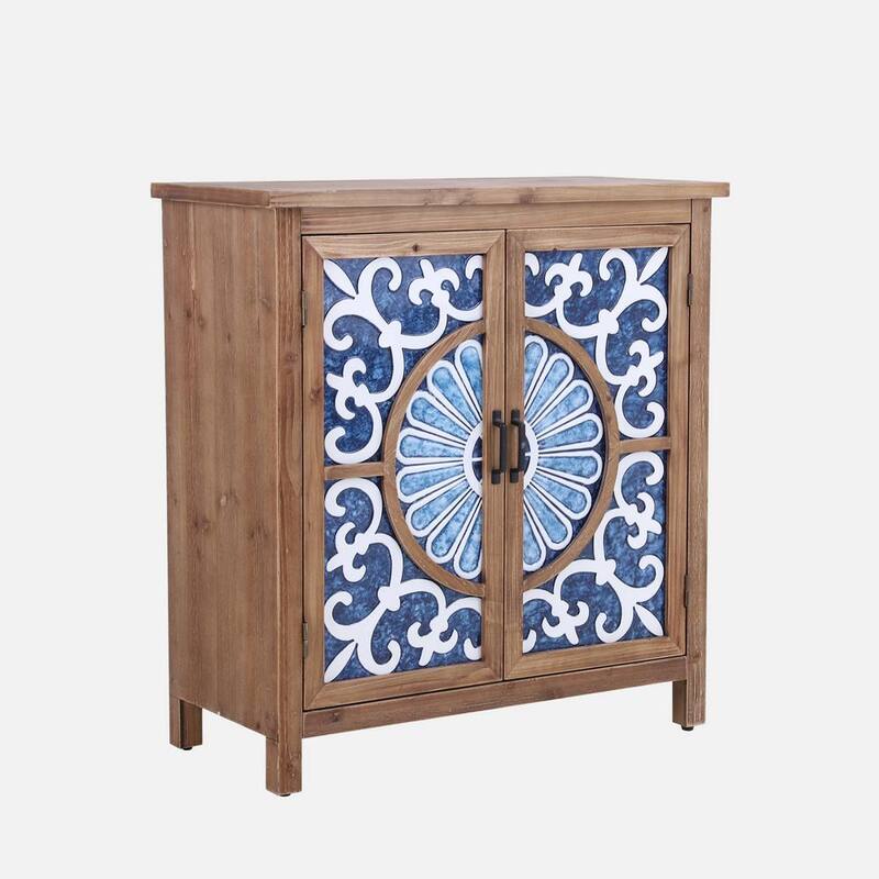 Floral Blue Accent Storage Cabinet with Wood Frame-Paradise Island Wear