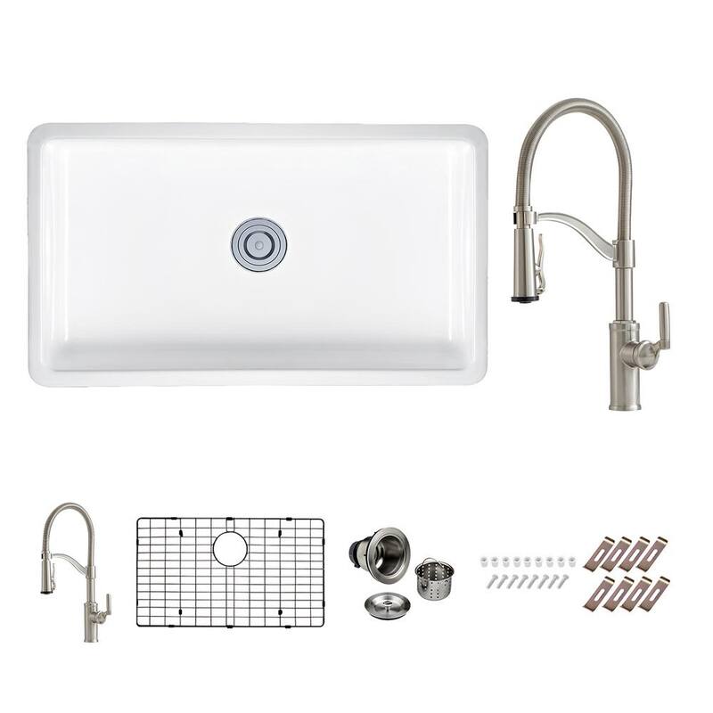 32 .5 in. Single Bowl Undermount Kitchen Sink with Farmhouse Faucet, Bottom Grid, Drain-Paradise Island Wear