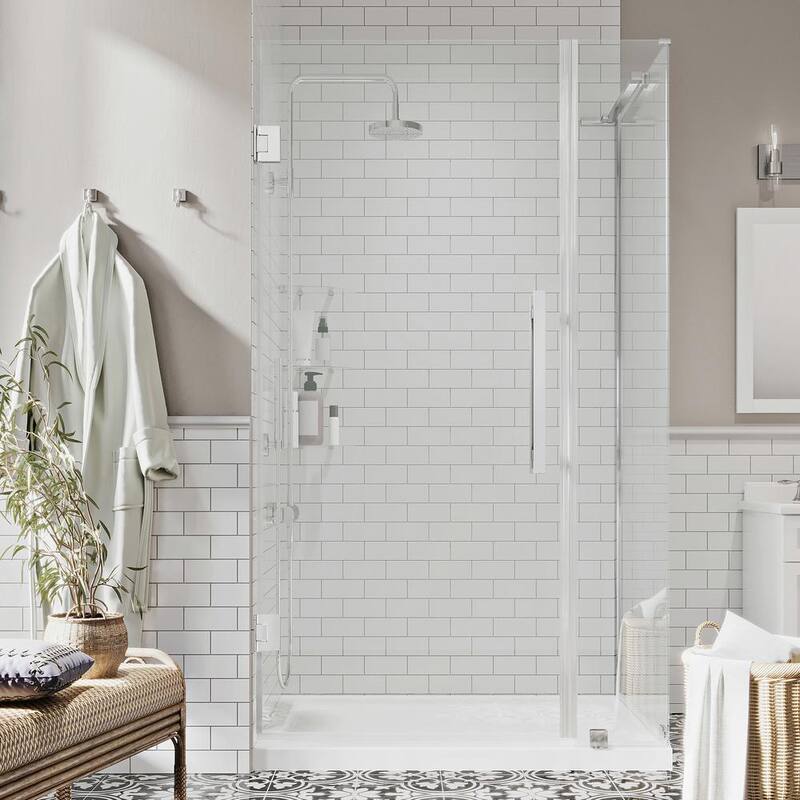 38 in. L x 32 in. W x 72 in. H Corner Shower Kit w/Pivot Frameless Shower Door in w/Shelves and Shower Pan-Paradise Island Wear