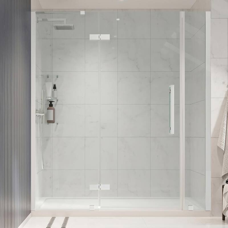 60 in. L x 32 in. W x 72 in. H Alcove Shower Kit w/Pivot Frameless Shower Door in Chrome w/Shelves and Shower Pan-Paradise Island Wear