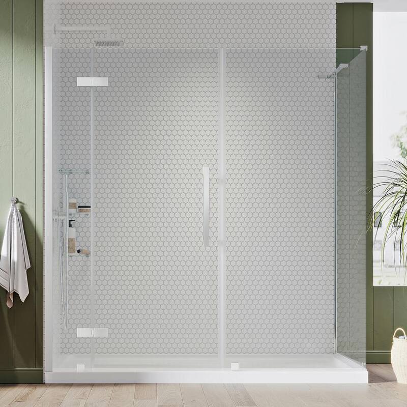 72 in. L x 36 in. W x 72 in. H Corner Shower Kit w/Pivot Frameless Shower Door in Chrome w/Shelves and Shower Pan-Paradise Island Wear