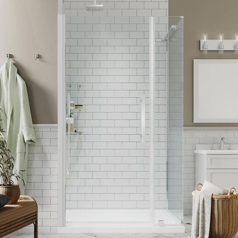 40in. L x 36in. W x 72in. H Corner Shower Kit w/Pivot Frameless Shower Door in Chrome w/Shelves and Shower Pan-Paradise Island Wear