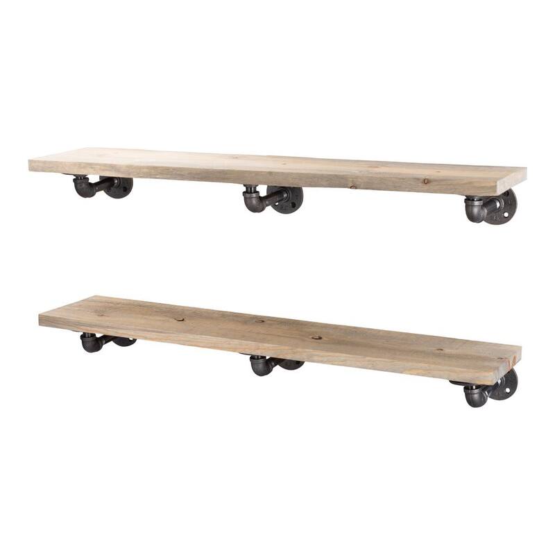 36 in. x 7.5 in. x 6.75 in. Driftwood Tan Wood Decorative Wall Shelf with Industrial Pipe L- Brackets-Paradise Island Wear