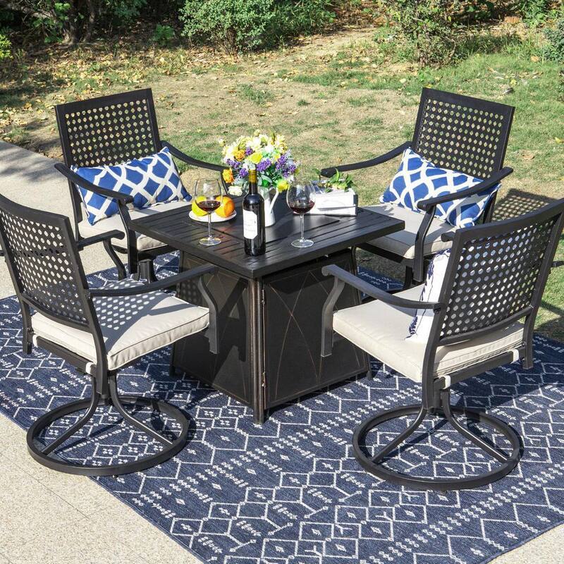 5-Piece Metal Patio Fire Pit Set, Bull's Eye Pattern Dining Chairs with Beige Cushion-Paradise Island Wear