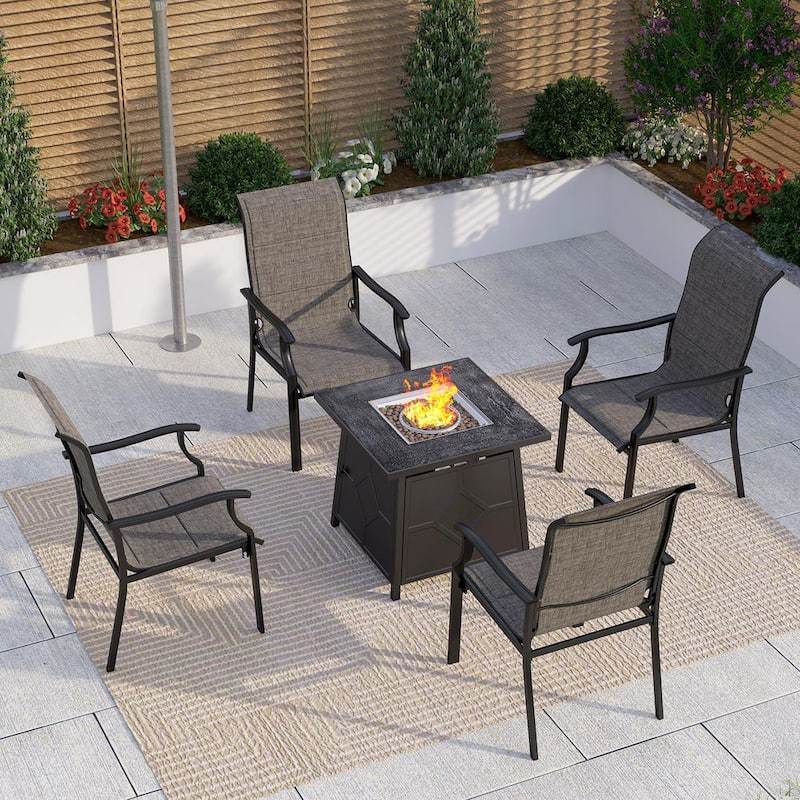 Black 5-Piece Metal TerrFab Top Patio Fire Pit Set with 4 High-Back Padded Textilene Dining Chair-Paradise Island Wear
