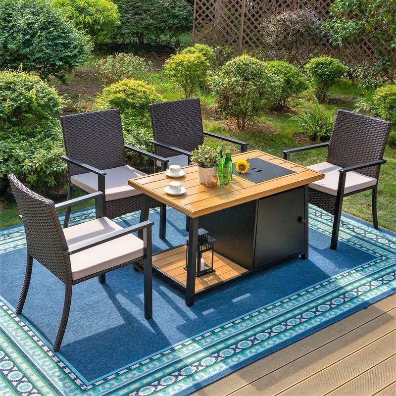 5-Piece Patio Fire Pit Set 4 Rattan Chairs with Beige Cushions-Paradise Island Wear