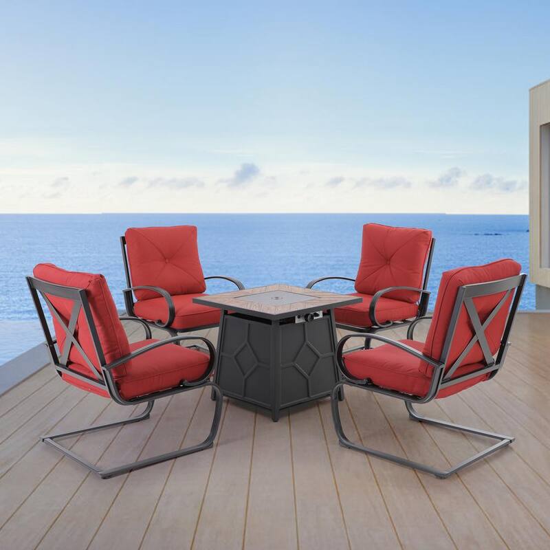 5-Piece 28 in. Gas Fire Pit Table with Lid, C-Spring Metal Cushioned Lounge Chairs Red Cushions-Paradise Island Wear