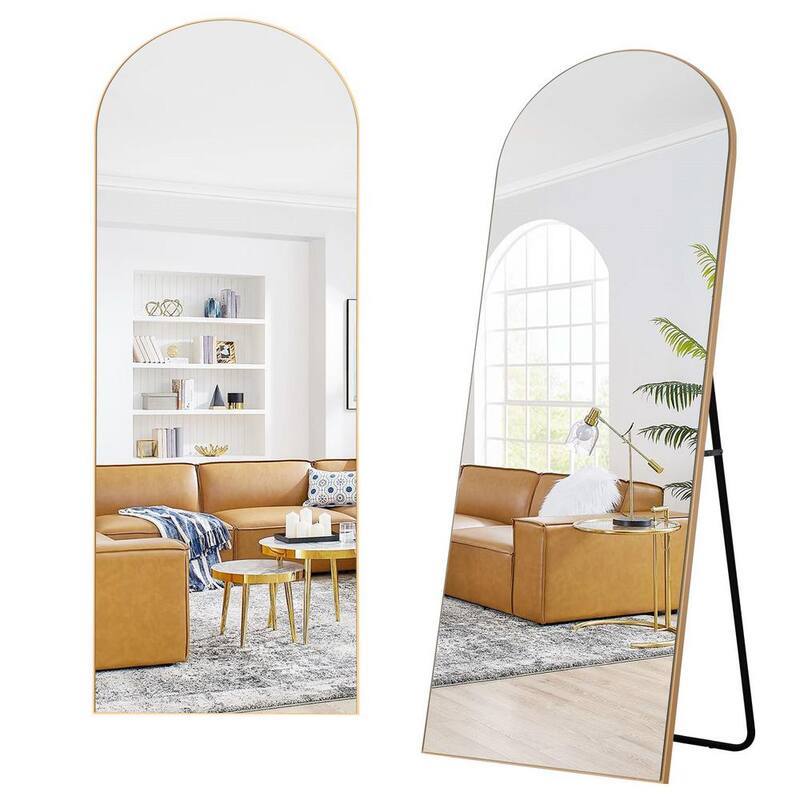 22 in. x 65 in. Modern Arched Framed Gold Full-Length Mirror Leaning Mirror with Standing Holder-Paradise Island Wear