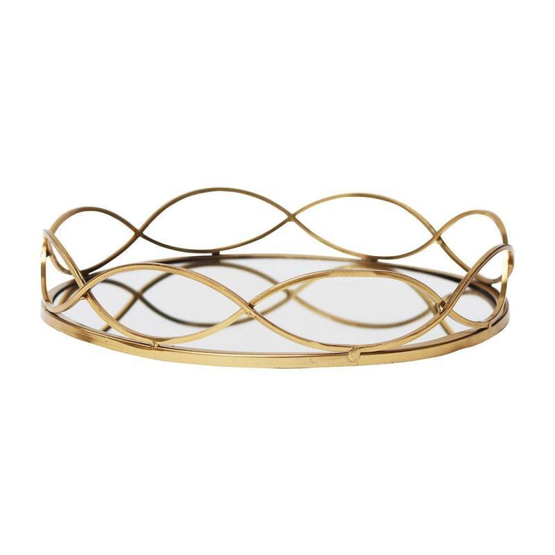 12.5 in. W Gold Round Metal and Glass Mirror Tray-Paradise Island Wear