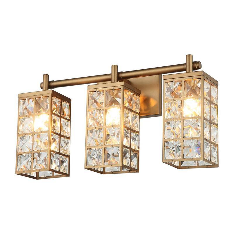 Modern Powder Room Bathroom Vanity Light, 20 in. 3-Light Gold Wall Sconce with Crystal Cuboid Shade-Paradise Island Wear