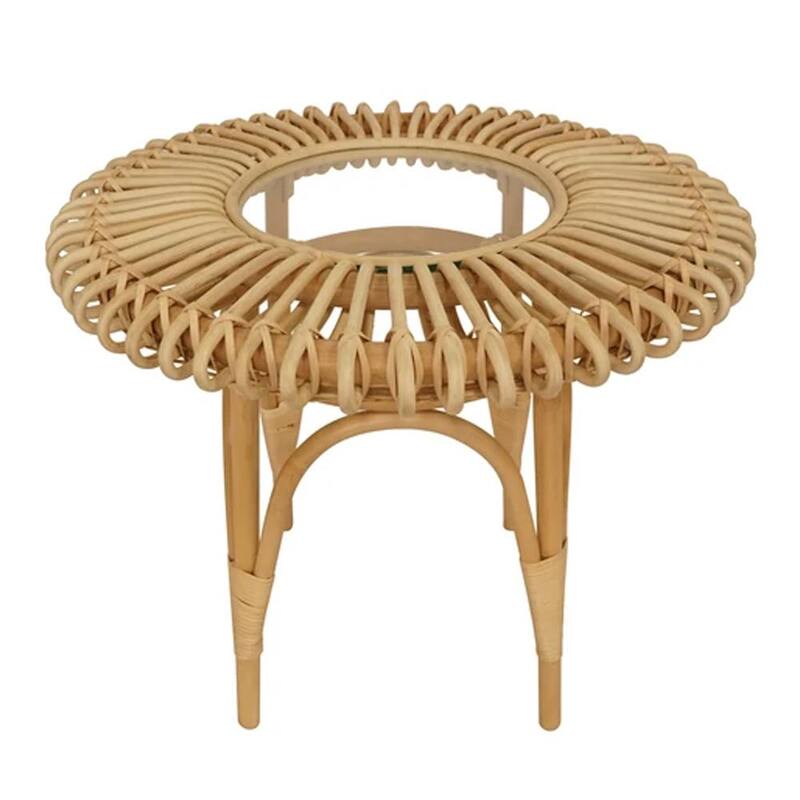 Venice 23.6 in. Natural 22 in. Round Glass End Table-Paradise Island Wear