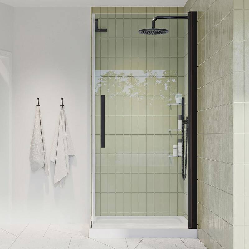 34 in. L x 32 in. W x 72 in. H Corner Shower Kit w/Pivot Frameless Shower Door in w/Shelves and Shower Pan-Paradise Island Wear