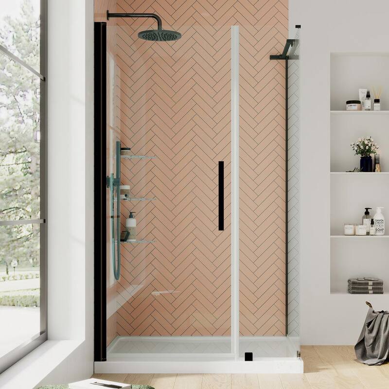 48 in. L x 32 in. W x 72 in. H Corner Shower Kit w/Pivot Frameless Shower Door in w/Shelves and Shower Pan-Paradise Island Wear
