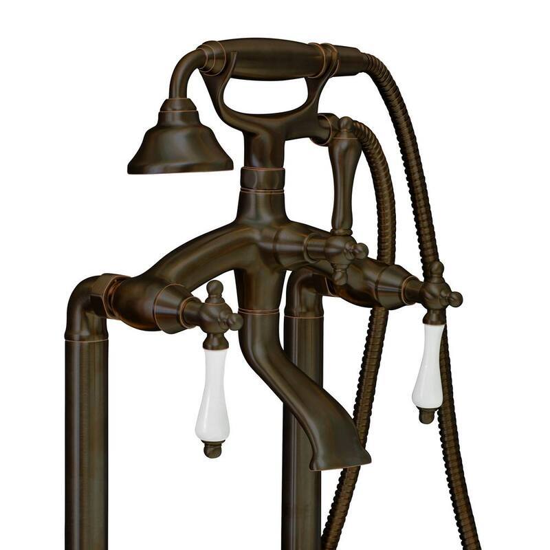 Vintage Style 3-Handle Floor Mount Claw Foot Tub Faucet with Porcelain Levers and Handshower in Oil Rubbed Bronze-Paradise Island Wear