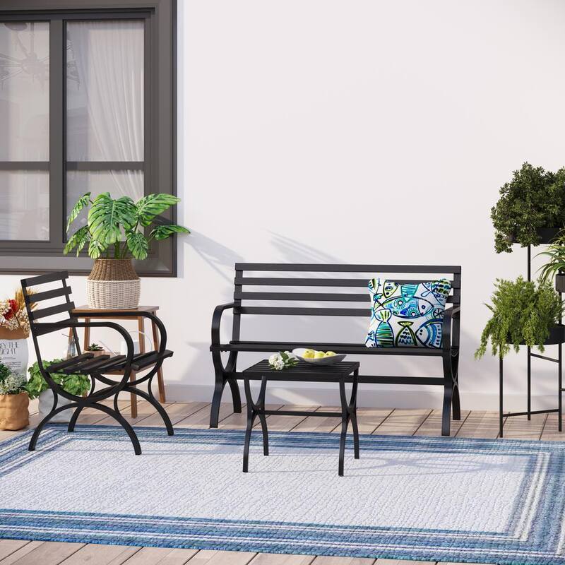Modern Slatted Black Metal Patio Garden Bench With Side Table (3-Pack)-Paradise Island Wear