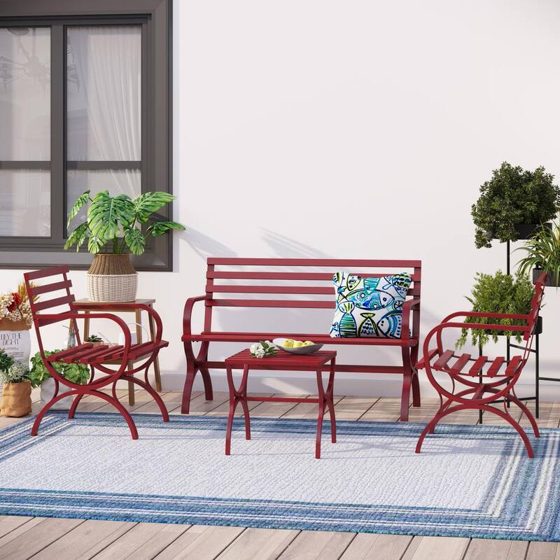 Modern Slatted Red Steel Metal Patio Garden Bench With Side Table (4-Pack)-Paradise Island Wear