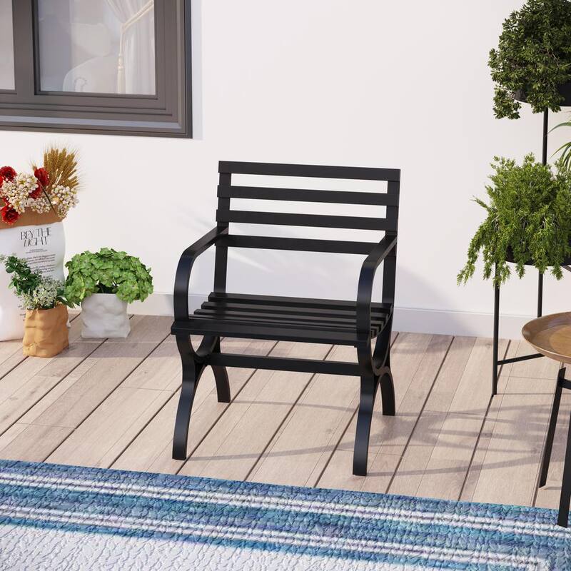 Outdoor Metal Black Bench Single Seat Slatted Design With And Armrest-Paradise Island Wear