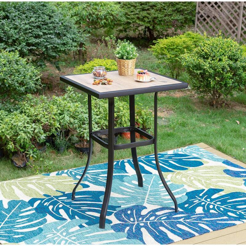 Black Metal Patio Outdoor Bistro Table with Wood-Look Tabletop-Paradise Island Wear