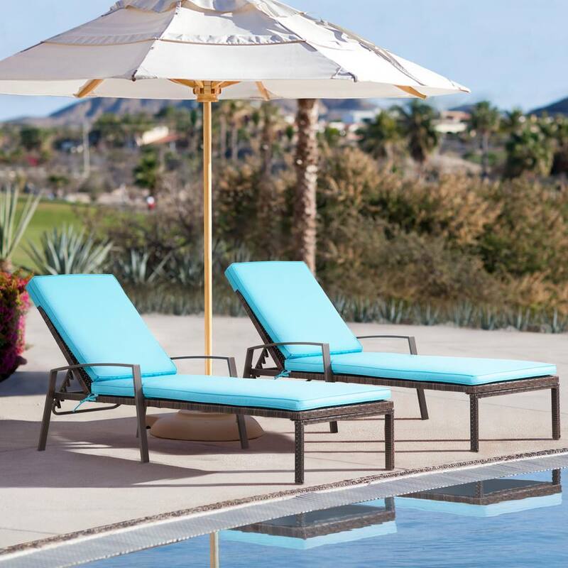 2-Piece Wicker Outdoor Chaise Lounge Sets with Thickened Blue Cushions-Paradise Island Wear