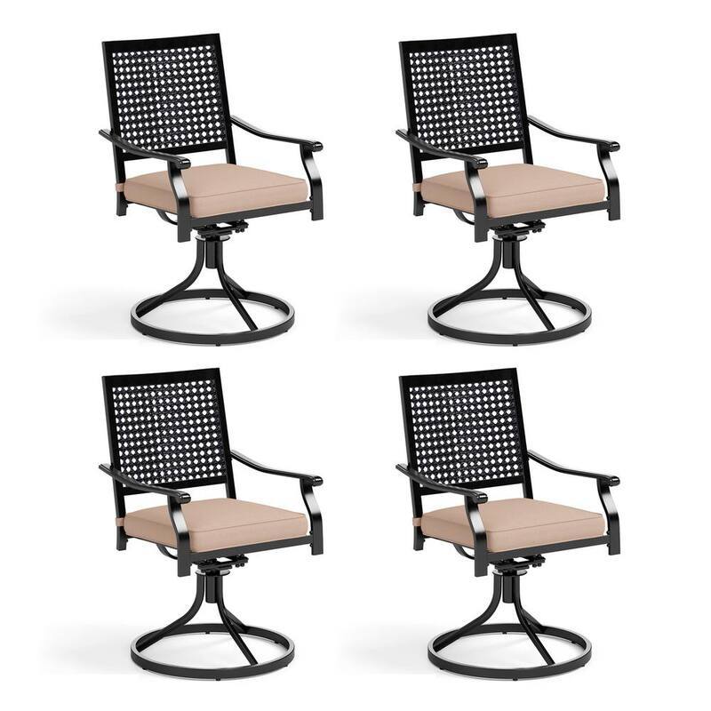 Black Swivel Metal Outdoor Dining Chair with Beige Cushion (4-Pack)-Paradise Island Wear