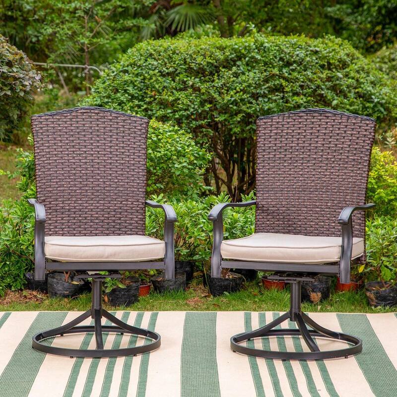 Black Rattan Metal Patio Outdoor Dining Swivel Chair with Beige Cushion (2-Pack)-Paradise Island Wear