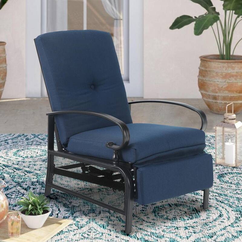 Adjustable Black Metal Outdoor Recliner with Blue Cushions-Paradise Island Wear