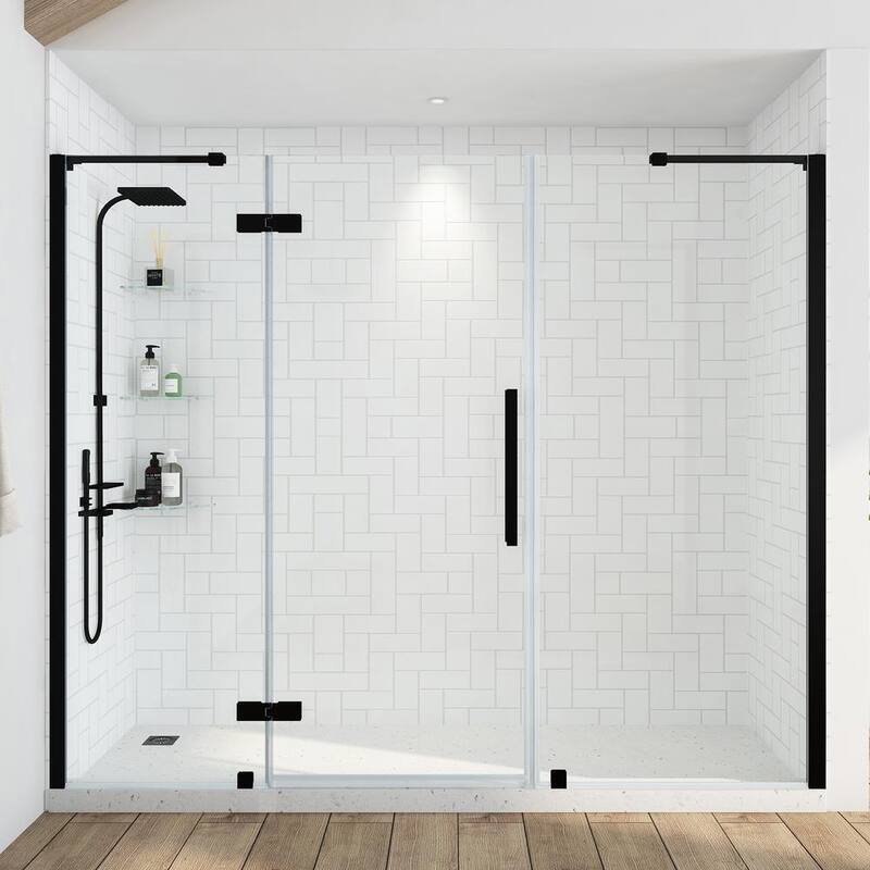 87 3/8 in. W x 72 in. H Pivot Frameless Shower Door in Black With Shelves-Paradise Island Wear