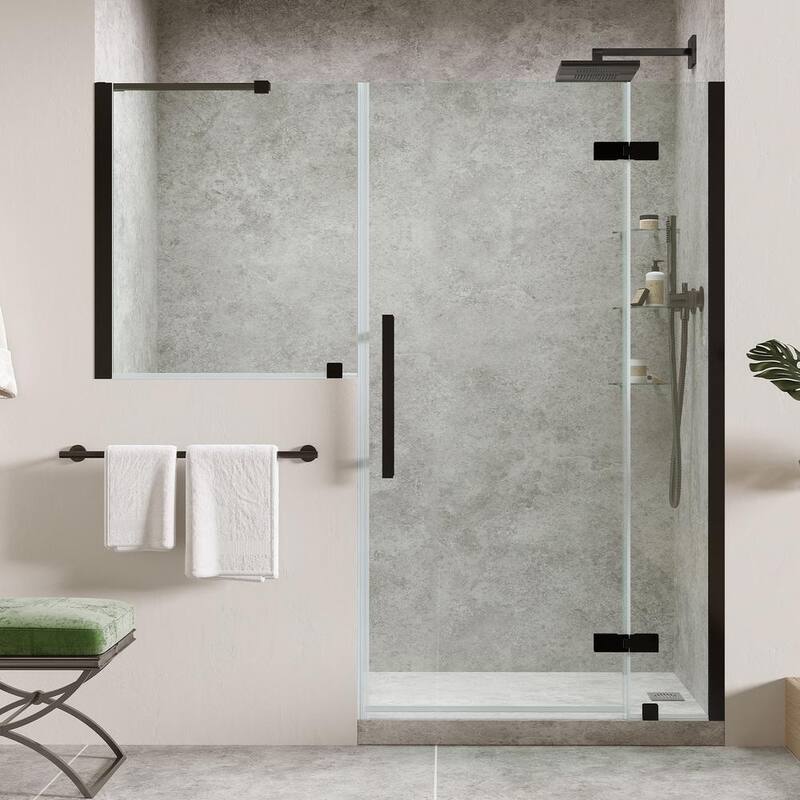 80 1/16 in. W x 72 in. H Pivot Frameless Shower Door in Black with Buttress Panel and Shelves-Paradise Island Wear