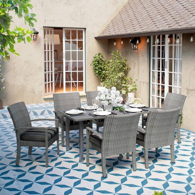 Monaco Dark Gray 7-Piece Metal and Wicker Outdoor Dining Set with Sunbrella Gray Cushions-Paradise Island Wear