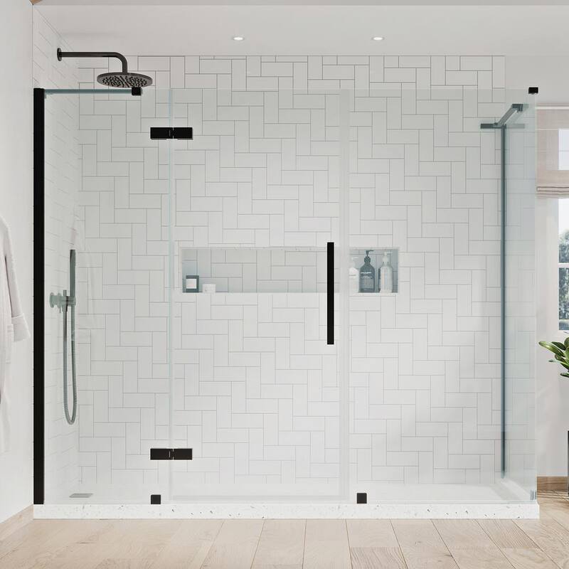 86 1/8 in. W x 72 in. H Rectangular Pivot Frameless Corner Shower Enclosure in Black-Paradise Island Wear