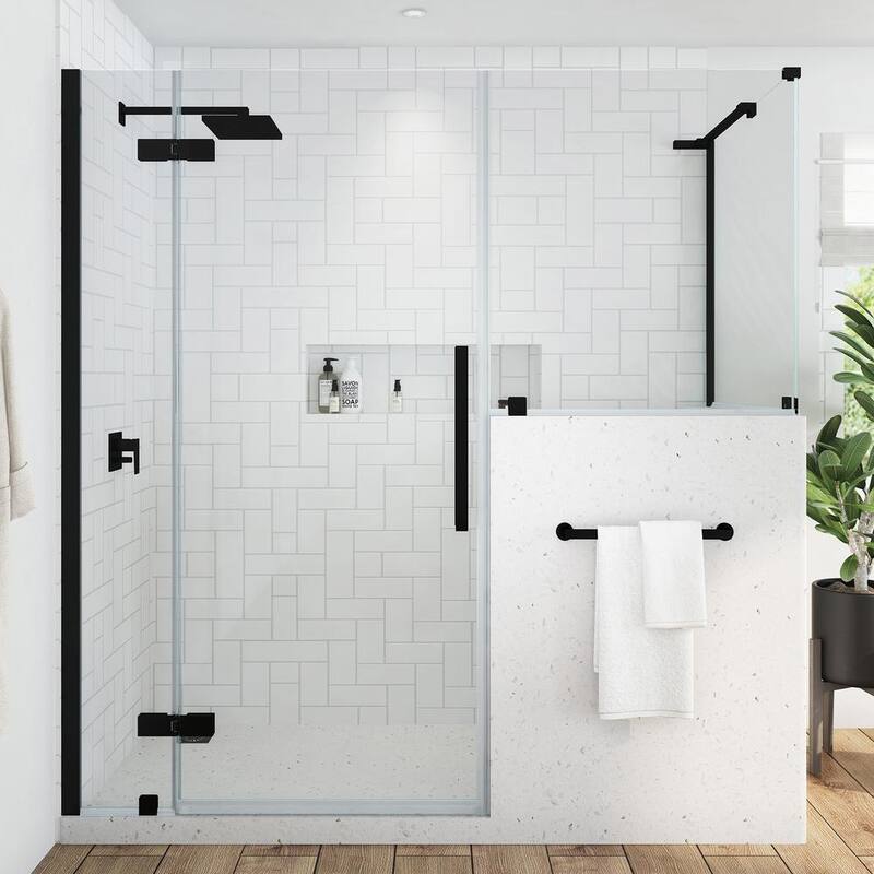 60 7/8 in. W x in. H Rectangular Pivot Frameless Corner Shower Enclosure in Black with Buttress Panel-Paradise Island Wear