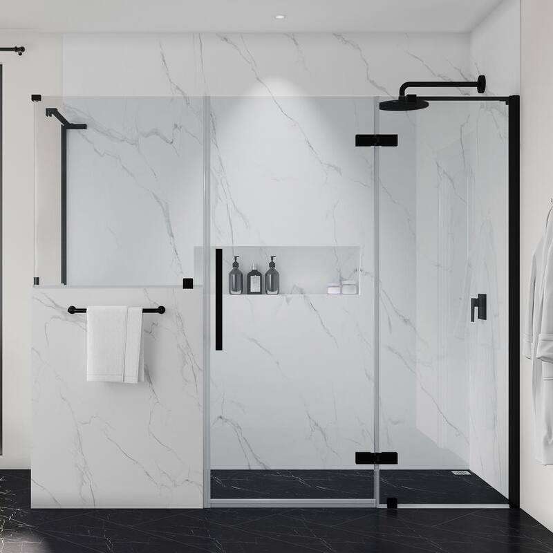 86 7/8 in. W x in. H Rectangular Pivot Frameless Corner Shower Enclosure in Black with Buttress Panel-Paradise Island Wear