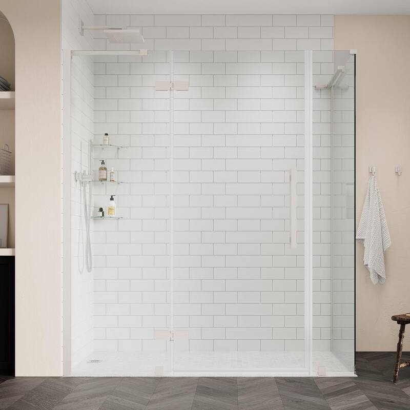 Tampa 62 13/16 in. W x 72 in. H Rectangular Pivot Frameless Corner Shower Enclosure in SN with Shelves-Paradise Island Wear