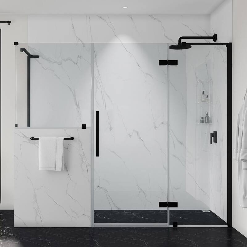 80 7/8 in. W x 72 in. H Rectangular Pivot Frameless Corner Shower Enclosure in Black w/Buttress and Shelves-Paradise Island Wear