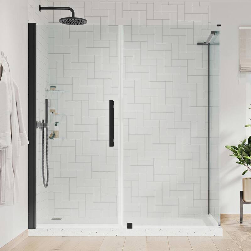 65-3/8 in. W x 72 in. H Rectangular Pivot Frameless Corner Shower Enclosure in Black with Shelves-Paradise Island Wear