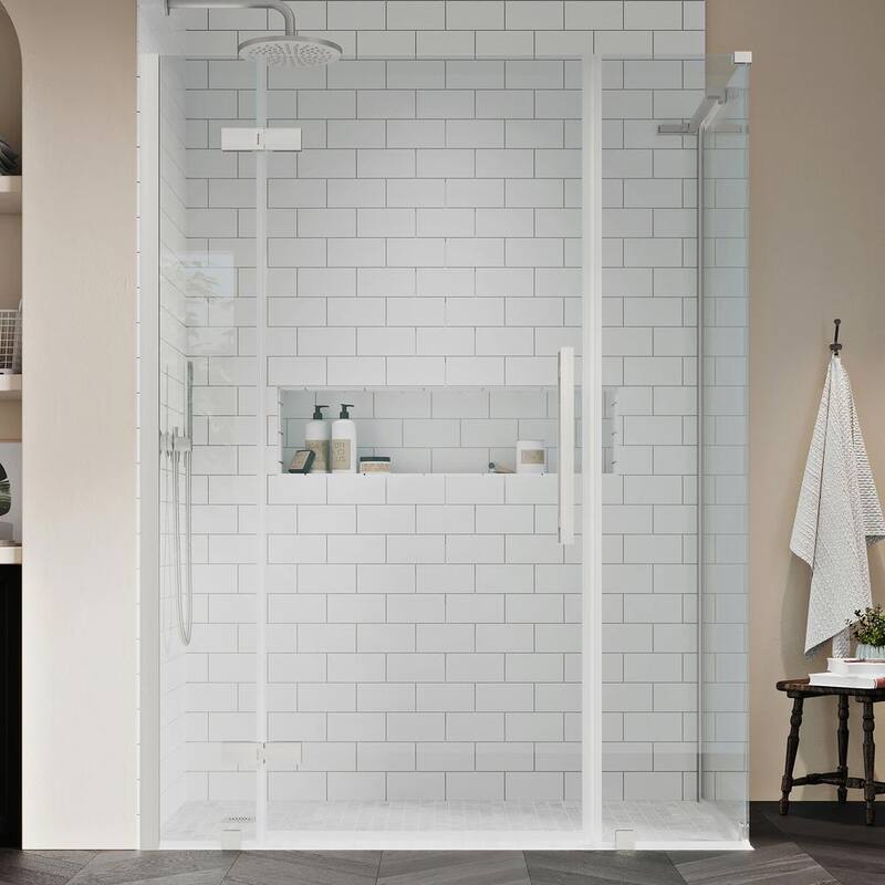 54 13/16 in. W x 72 in. H Rectangular Pivot Frameless Corner Shower Enclosure in SN-Paradise Island Wear