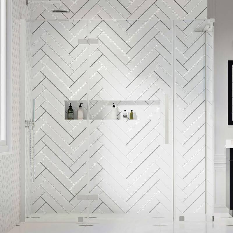 68 13/16 in. W x 72 in. H Rectangular Pivot Frameless Corner Shower Enclosure in SN-Paradise Island Wear