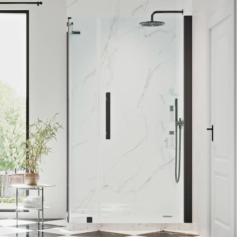Pasadena 34-1/2 in. W x 72 in. H Rectangular Pivot Frameless Corner Shower Enclosure in Black with Shelves-Paradise Island Wear